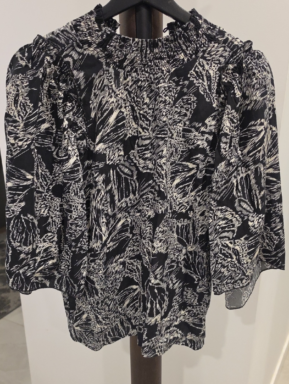 Black & White Smocked Neck Printed Blouse - Women
